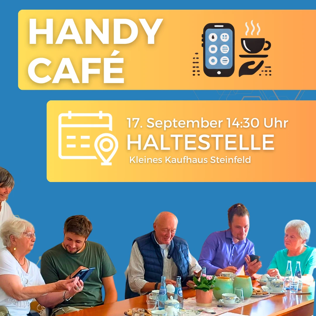 Werbebild für das zweite Treffen beim Handy Cafe. Es sind einige Besucher des erstens Termins abgebildet.