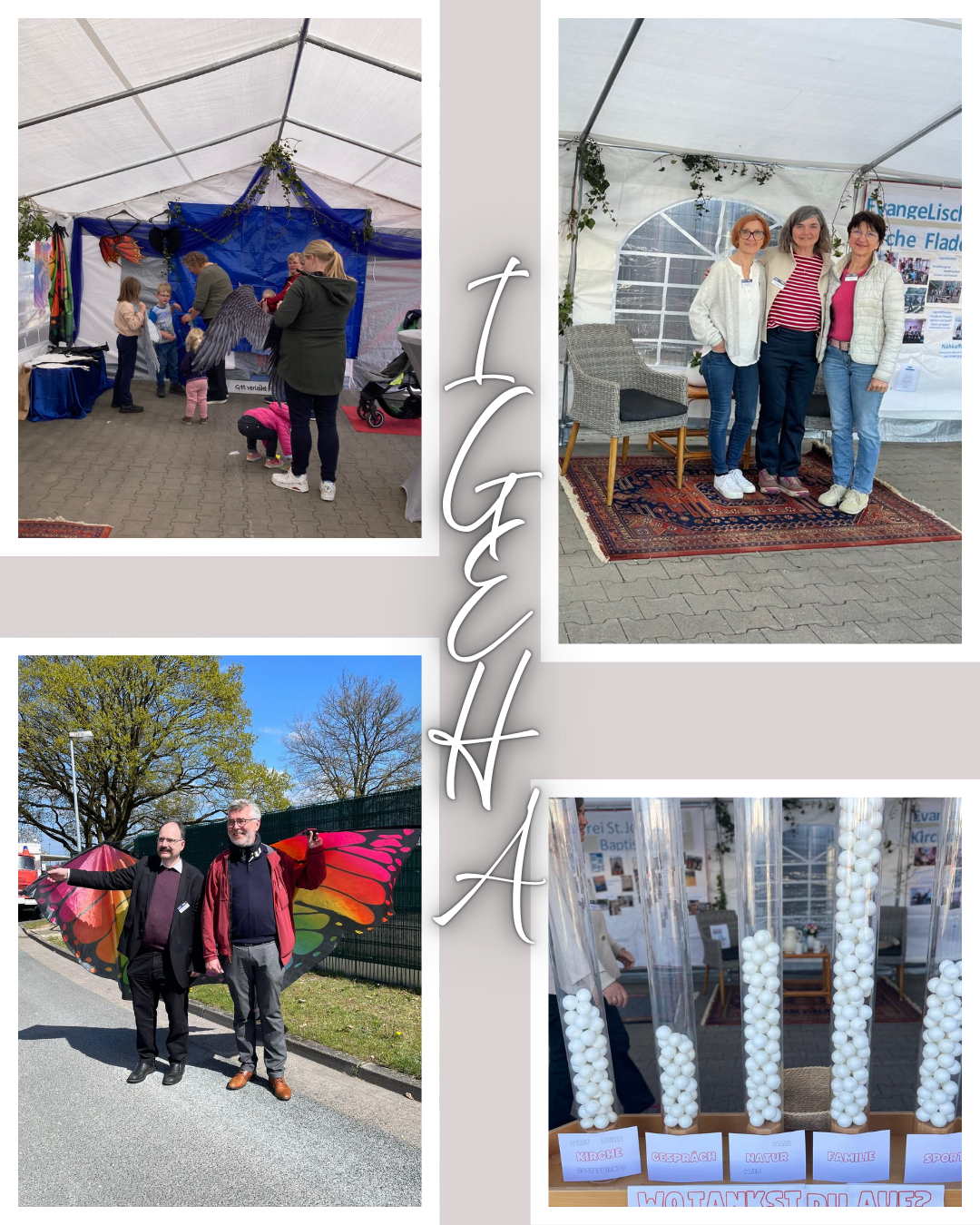 Collage mit vier Fotos von einer kirchlichen Aktion unter dem Motto „IGEHA“: Oben links ein Zelt mit Kindern und Erwachsenen bei einer Mitmachstation mit Flügeln; oben rechts drei Frauen, die gemeinsam im Zelt vor einem Infostand der evangelischen Kirche stehen; unten links zwei Männer im Freien mit bunten, großen Schmetterlingsflügeln; unten rechts ein Abstimmungsbarometer mit transparenten Röhren und weißen Kugeln zu Themen wie Kirche, Gespräch, Natur, Familie und Sport.