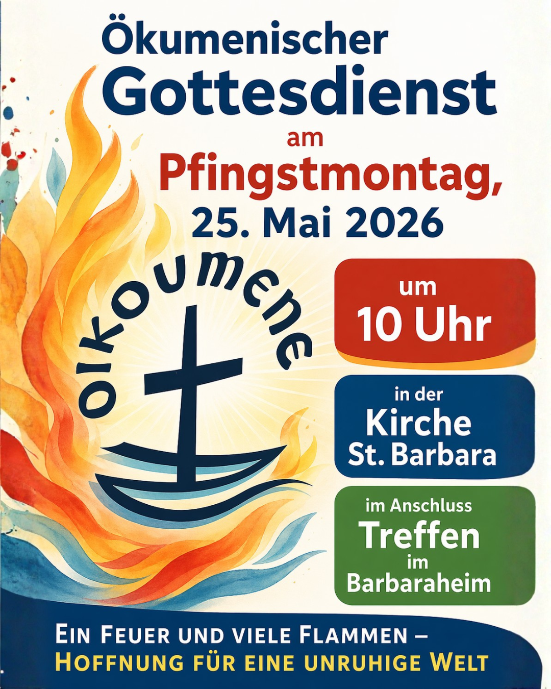 Plakat mit den Informationen zum Pfingstgottesdienst. Als Bild sind Feuerzungen zu sehen.