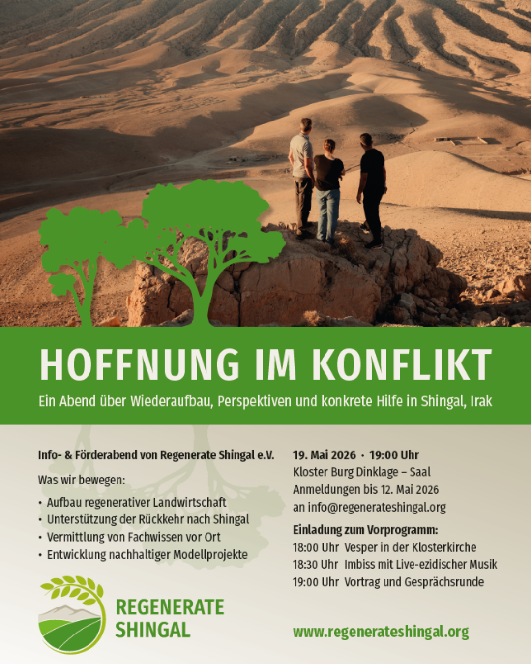 Plakat mit dem Motiv: Drei Menschen stehen auf einem Felsen im kargen Gebirge von Shingal im Irak und blicken in die Landschaft, darüber der Schriftzug „Hoffnung im Konflikt – Info- und Förderabend mit Regenerate Shingal e.V. in Kloster Burg Dinklage